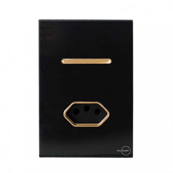 Conjunto Interruptor Simples + Tomada 20a 4x2 - Novara Glass Preto Brilhante Gold